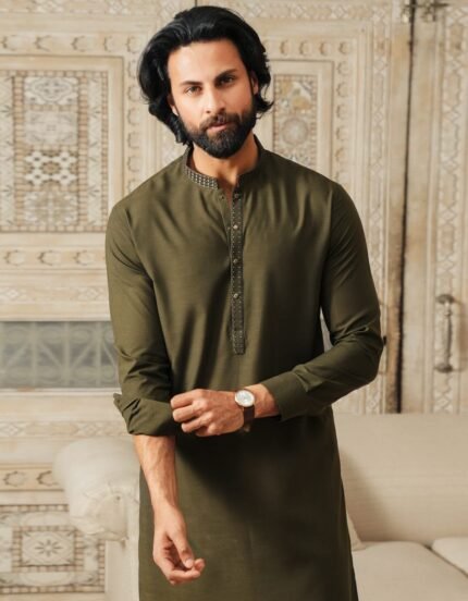 MEHNDI GREEN BLENDED SEMI-FORMAL KAMEEZ SHALWAR